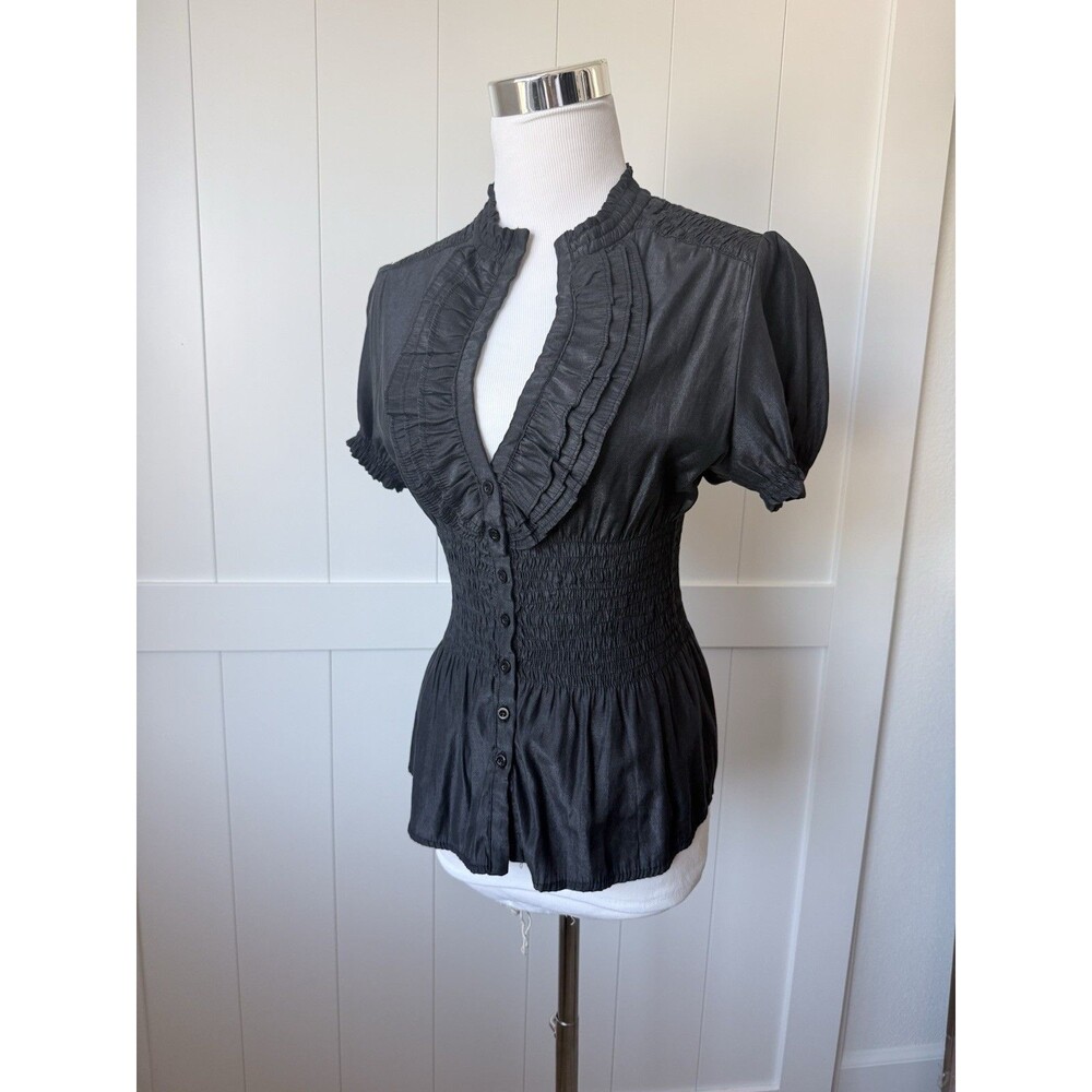 Vtg Contempo Casuals Y2K Silk Cotton Smocked Waist Blouse Ruffle Victorian Top M